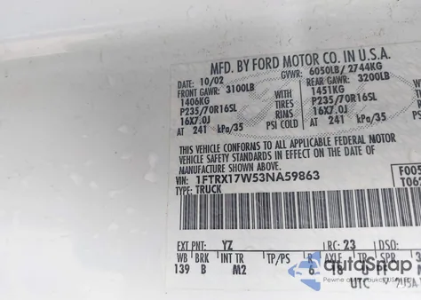 2003 Ford F-150 Lariat/Xl/Xlt z USA, uszkodzony, nr VIN 1FTRX17W53NA59863